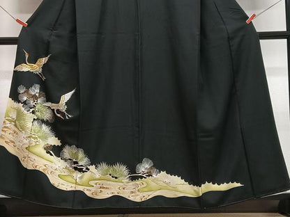 平和屋着物■豪華黒留袖　刺繍　飛鶴松文　金彩　正絹　逸品　CABF4877xe
