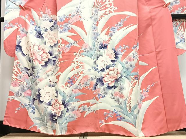 平和屋着物●豪華振袖　型染め　鴛鴦草花文　正絹　逸品　CABC2306ut 平和屋着物○豪華振袖 総絞り 駒刺繍 草花丸文 黒地 金彩 正絹 逸品