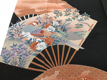 平和屋着物■豪華黒留袖 扇面花鳥文 金彩 正絹 逸品 CABF4919xe