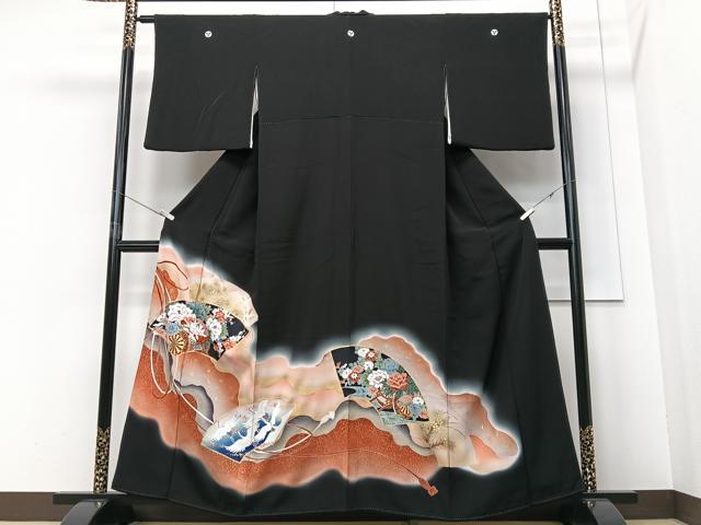 平和屋着物■豪華黒留袖 地紙花鳥文 暈し染め 金彩 正絹 逸品 CABF4922xe