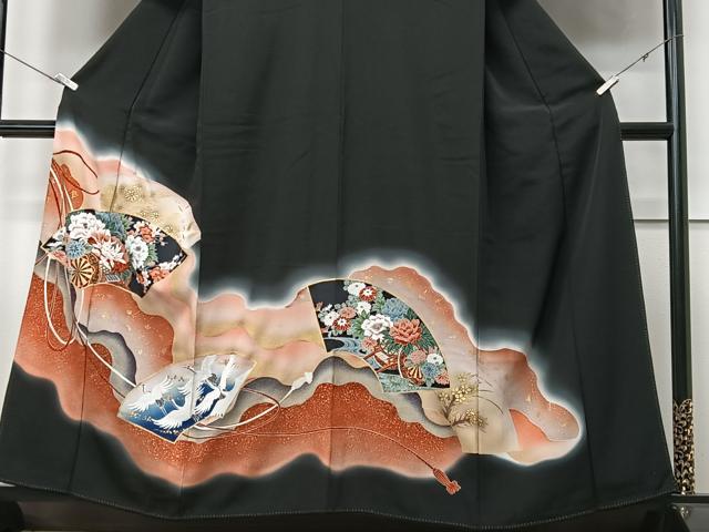 平和屋着物■豪華黒留袖 地紙花鳥文 暈し染め 金彩 正絹 逸品 CABF4922xe