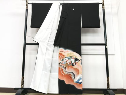 平和屋着物■豪華黒留袖 地紙花鳥文 暈し染め 金彩 正絹 逸品 CABF4922xe