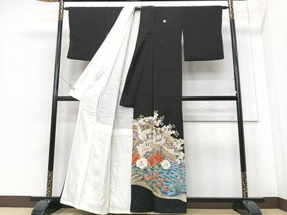 平和屋着物■豪華黒留袖 駒刺繍 飛鶴立波花文 正絹 逸品 CABF4935xe