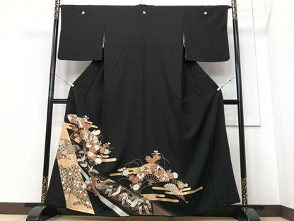 平和屋着物■豪華黒留袖 扇面飛鶴花文 金彩 正絹 逸品 CABF4936xe