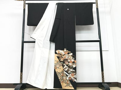平和屋着物■豪華黒留袖 扇面飛鶴花文 金彩 正絹 逸品 CABF4936xe