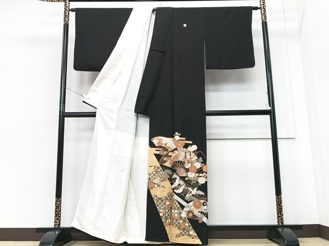 平和屋着物■豪華黒留袖 扇面飛鶴花文 金彩 正絹 逸品 CABF4936xe