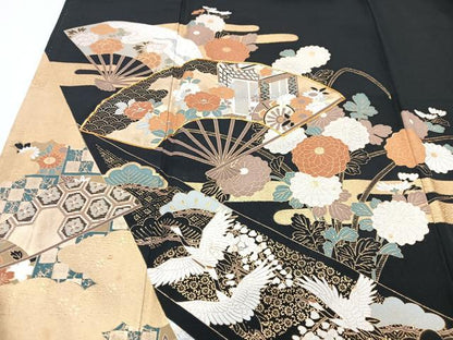 平和屋着物■豪華黒留袖 扇面飛鶴花文 金彩 正絹 逸品 CABF4936xe