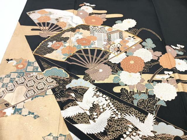 平和屋着物■豪華黒留袖 扇面飛鶴花文 金彩 正絹 逸品 CABF4936xe