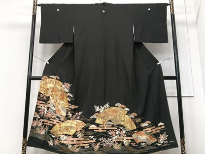 平和屋着物■豪華黒留袖　作家物　飛鶴浜松風景文　金彩　正絹　逸品　CABF4938xe