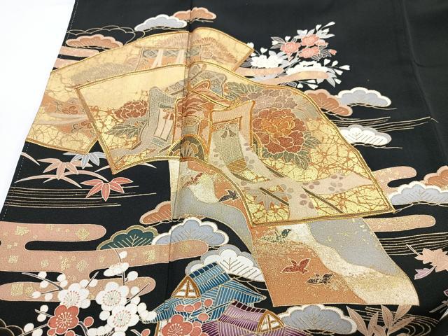 平和屋着物■豪華黒留袖　作家物　飛鶴浜松風景文　金彩　正絹　逸品　CABF4938xe
