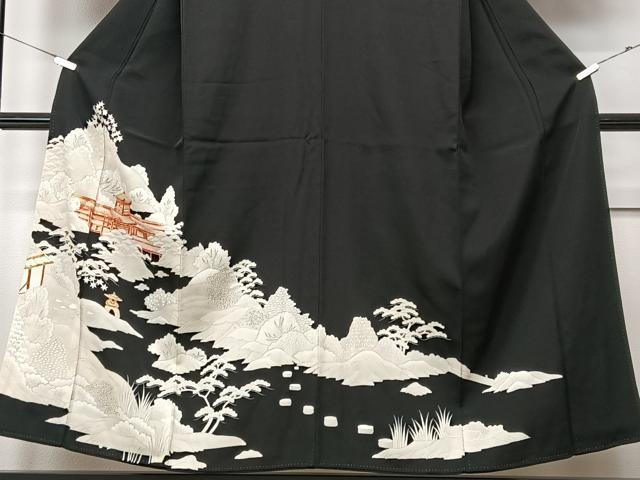 平和屋着物■豪華黒留袖　駒刺繍　風景文　正絹　逸品　CABF4941xe