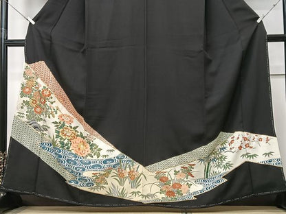 平和屋着物■豪華黒留袖　駒刺繍　草花文　金彩　正絹　逸品　CABF4979xe