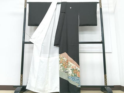 平和屋着物■豪華黒留袖　駒刺繍　草花文　金彩　正絹　逸品　CABF4979xe