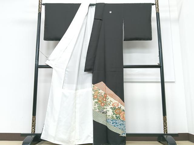 平和屋着物■豪華黒留袖　駒刺繍　草花文　金彩　正絹　逸品　CABF4979xe