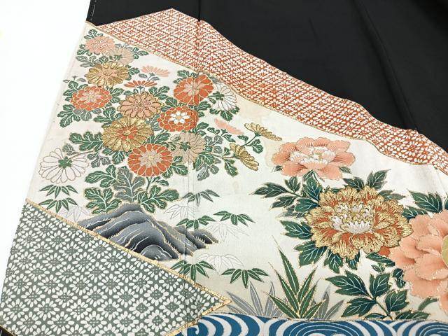 平和屋着物■豪華黒留袖　駒刺繍　草花文　金彩　正絹　逸品　CABF4979xe