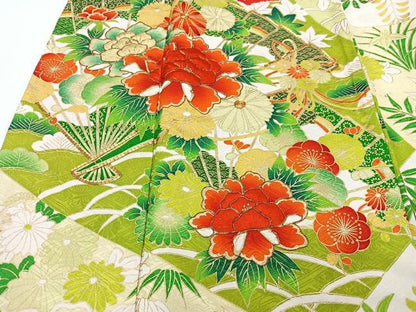 平和屋着物■豪華振袖　駒刺繍　扇面草花文　金彩　正絹　逸品　CABF4981xe