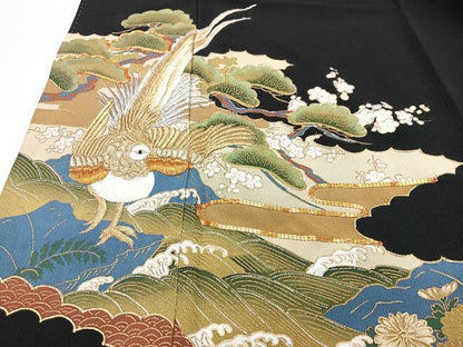 平和屋着物■豪華黒留袖　駒刺繍　吉祥花鳥文　金彩　正絹　逸品　CABF4991xe