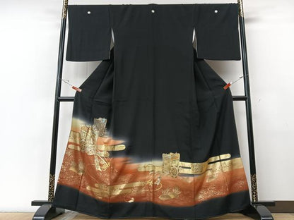 平和屋着物■豪華黒留袖 御所車立波文 暈し染め 金彩 正絹 逸品 CABF5059xe