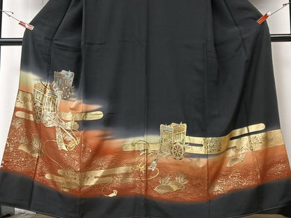 平和屋着物■豪華黒留袖 御所車立波文 暈し染め 金彩 正絹 逸品 CABF5059xe