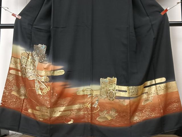 平和屋着物■豪華黒留袖 御所車立波文 暈し染め 金彩 正絹 逸品 CABF5059xe