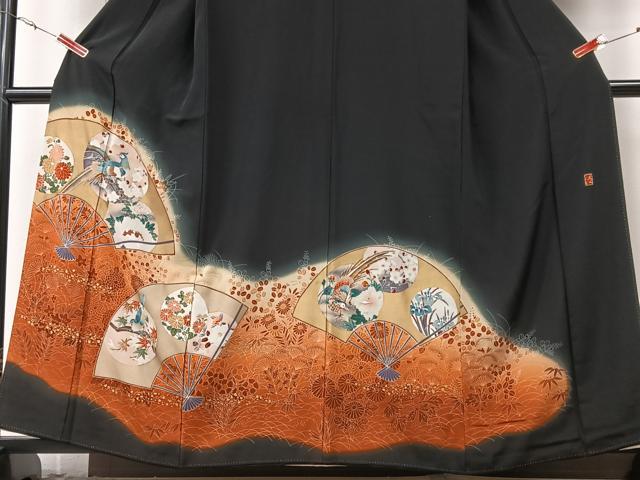 豪華黒留袖　扇面吉祥花鳥文　金彩　正絹 平和屋着物□豪華黒留袖 駒刺繍 扇面吉祥花鳥文 金彩 正絹 逸品