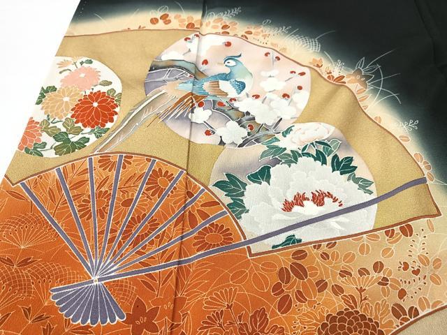 平和屋着物□豪華黒留袖 作家物 扇面花鳥文 暈し染め 金彩