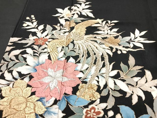 平和屋着物■豪華黒留袖　刺繍　花鳥文　金銀糸　金彩　正絹　逸品　AABI0278st 平和屋着物□豪華黒留袖 刺繍 花鳥文 金銀糸 金彩 正絹 逸品
