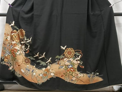 平和屋着物■豪華黒留袖 鏡裏飛鶴花文 暈し染め 金彩 正絹 逸品 CABF5111xe