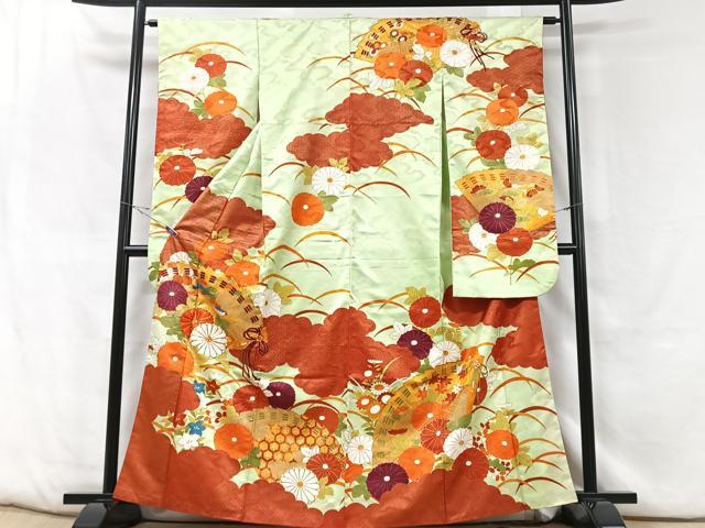 平和屋着物■豪華振袖 駒刺繍 扇面芝草花文 正絹 逸品 CABF5138xe