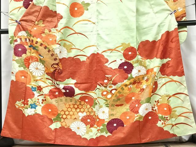 平和屋着物■豪華振袖 駒刺繍 扇面芝草花文 正絹 逸品 CABF5138xe