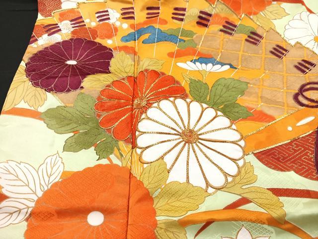 平和屋着物■豪華振袖 駒刺繍 扇面芝草花文 正絹 逸品 CABF5138xe