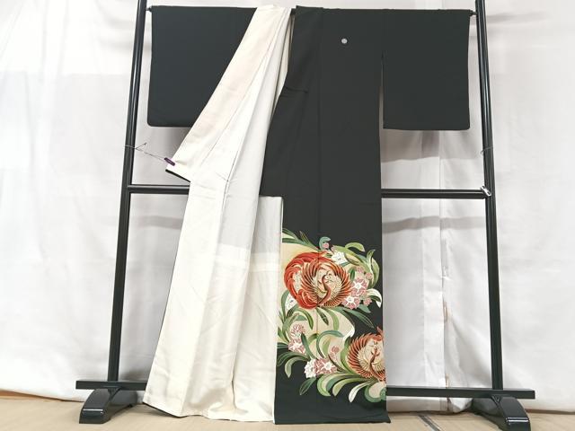 平和屋着物●豪華黒留袖　作家物　刺繍　檜扇扇面枝花文　金糸　正絹　逸品　AAAM6820ph 平和屋着物□豪華黒留袖 扇面牡丹花文 金彩 正絹 逸品 BAAX1482mzの