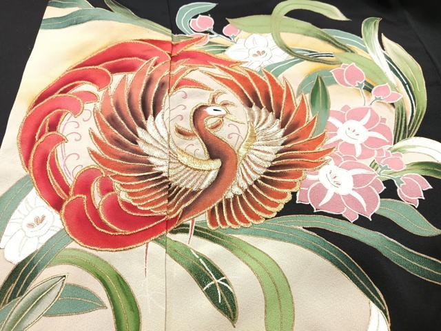 平和屋着物■豪華黒留袖　刺繍　雪輪鳳凰花文　暈し染め　金彩　正絹　逸品　CABF4178ev 平和屋着物□豪華黒留袖 刺繍 雪輪鳳凰花文 暈し染め 金彩 正絹 逸品