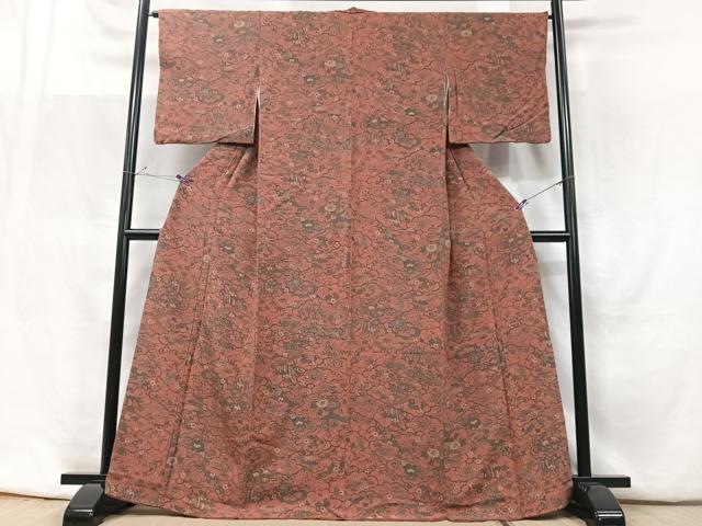 平和屋着物●上質な小紋　草花文　鬼しぼ縮緬　正絹　逸品　DABD1261ps 平和屋着物○上質な小紋 型染め 風景草花文 鬼しぼ縮緬 正絹 逸品 未