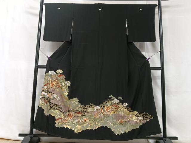 平和屋着物■豪華黒留袖 駒刺繍 扇面吉祥花鳥文 金彩 正絹 逸品 CABF5176xe