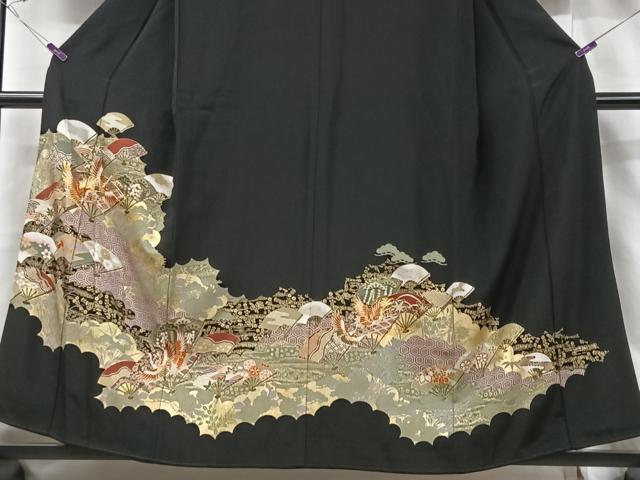 平和屋着物■豪華黒留袖 駒刺繍 扇面吉祥花鳥文 金彩 正絹 逸品 CABF5176xe
