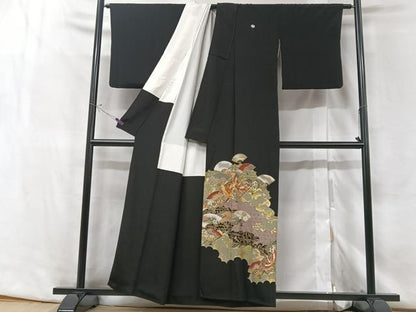 平和屋着物■豪華黒留袖 駒刺繍 扇面吉祥花鳥文 金彩 正絹 逸品 CABF5176xe