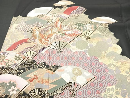 平和屋着物■豪華黒留袖 駒刺繍 扇面吉祥花鳥文 金彩 正絹 逸品 CABF5176xe