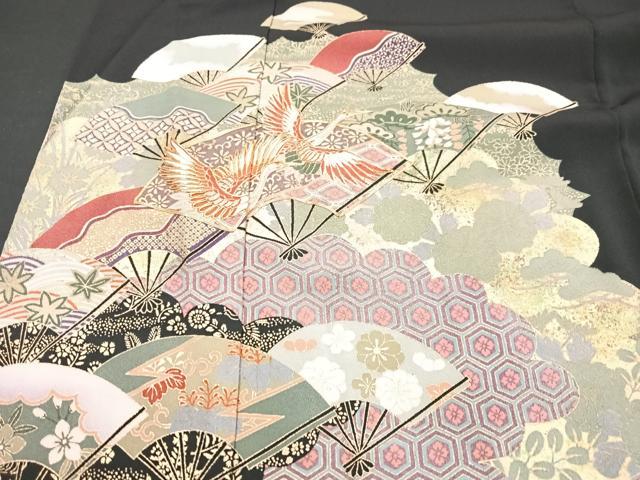 平和屋着物■豪華黒留袖 駒刺繍 扇面吉祥花鳥文 金彩 正絹 逸品 CABF5176xe