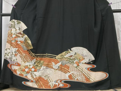 平和屋着物■豪華黒留袖　渡り橋地紙花鳥文　金彩　正絹　逸品　CABF5189xe