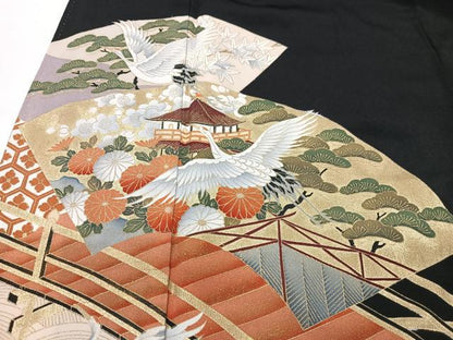平和屋着物■豪華黒留袖　渡り橋地紙花鳥文　金彩　正絹　逸品　CABF5189xe