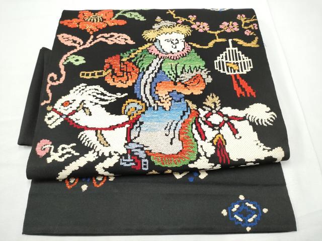 平和屋着物●龍村美術織物　龍村製　つけ帯　人形手錦　黒地　金銀糸　正絹　逸品　CABF5201hy