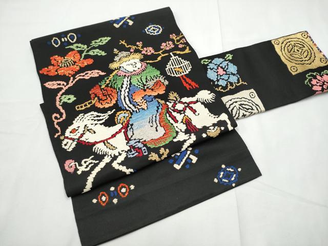 平和屋着物●龍村美術織物　龍村製　つけ帯　人形手錦　黒地　金銀糸　正絹　逸品　CABF5201hy