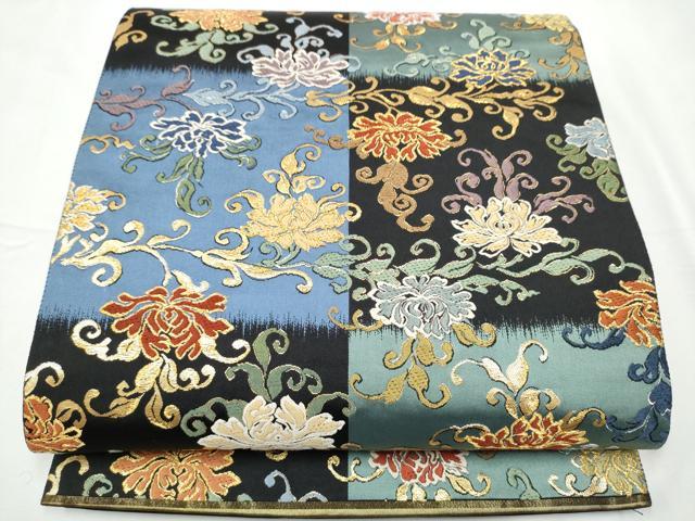 平和屋着物●全通柄袋帯　唐織　乱菊　黒地　金糸　正絹　逸品　CABF5209hy