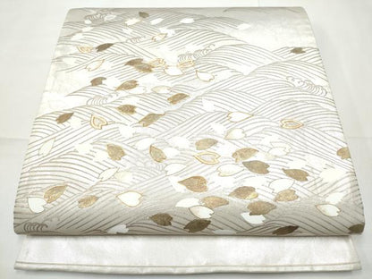 平和屋着物●太鼓柄袋帯　駒刺繍　流水舞花びら　金銀彩　正絹　逸品　CABF5214hy