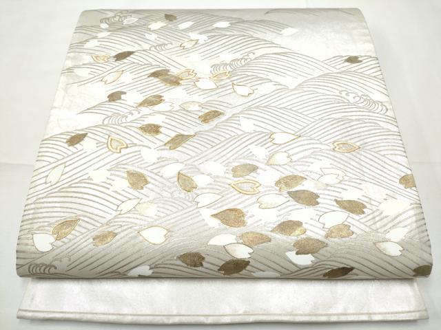 平和屋着物●太鼓柄袋帯　駒刺繍　流水舞花びら　金銀彩　正絹　逸品　CABF5214hy