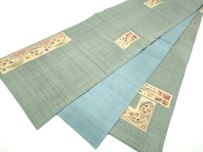 平和屋着物●六通柄袋帯　生紬　型染め　草花文　正絹　逸品　CABF5224hy