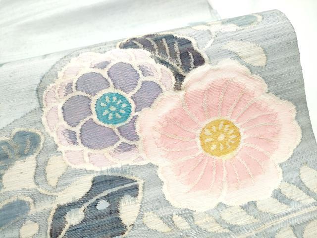 平和屋着物●太鼓柄袋帯　紬地　すくい織　草花文　正絹　逸品　CABF5225hy
