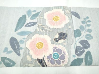平和屋着物●太鼓柄袋帯　紬地　すくい織　草花文　正絹　逸品　CABF5225hy