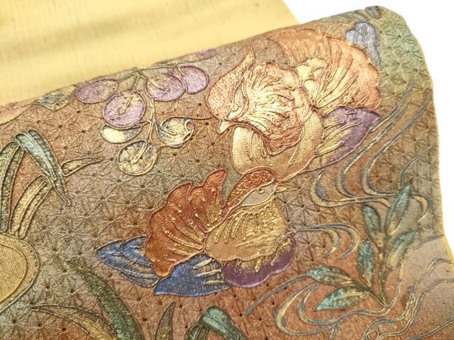 平和屋着物●中国三大刺繍　スワトウ刺繍　太鼓柄袋帯　紬地　駒刺繍　鴛鴦花文　正絹　逸品　CABF5251hy